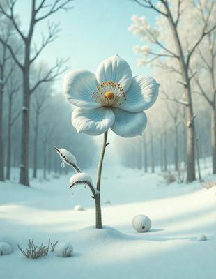 The primary subject of the image is a single white flower, which is the main focus of the scene. The setting is a snowy path surrounded by trees, creating a serene and wintry atmosphere. The visual style of the image is a digital art or illustration, with the flower being the center of attention. The colors in the image are predominantly white, which adds to the overall mood of the scene.